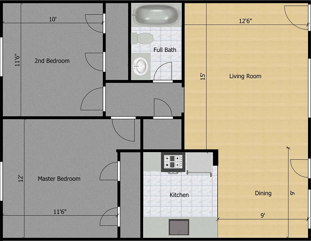Green House Villa Floor Plan Lerdo 2 Bed 1 Bath
